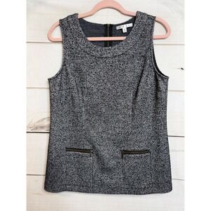 Cabi Herringbone Knit Sleeveless Top Black White Zipper‎ Pockets Womens M Tweed